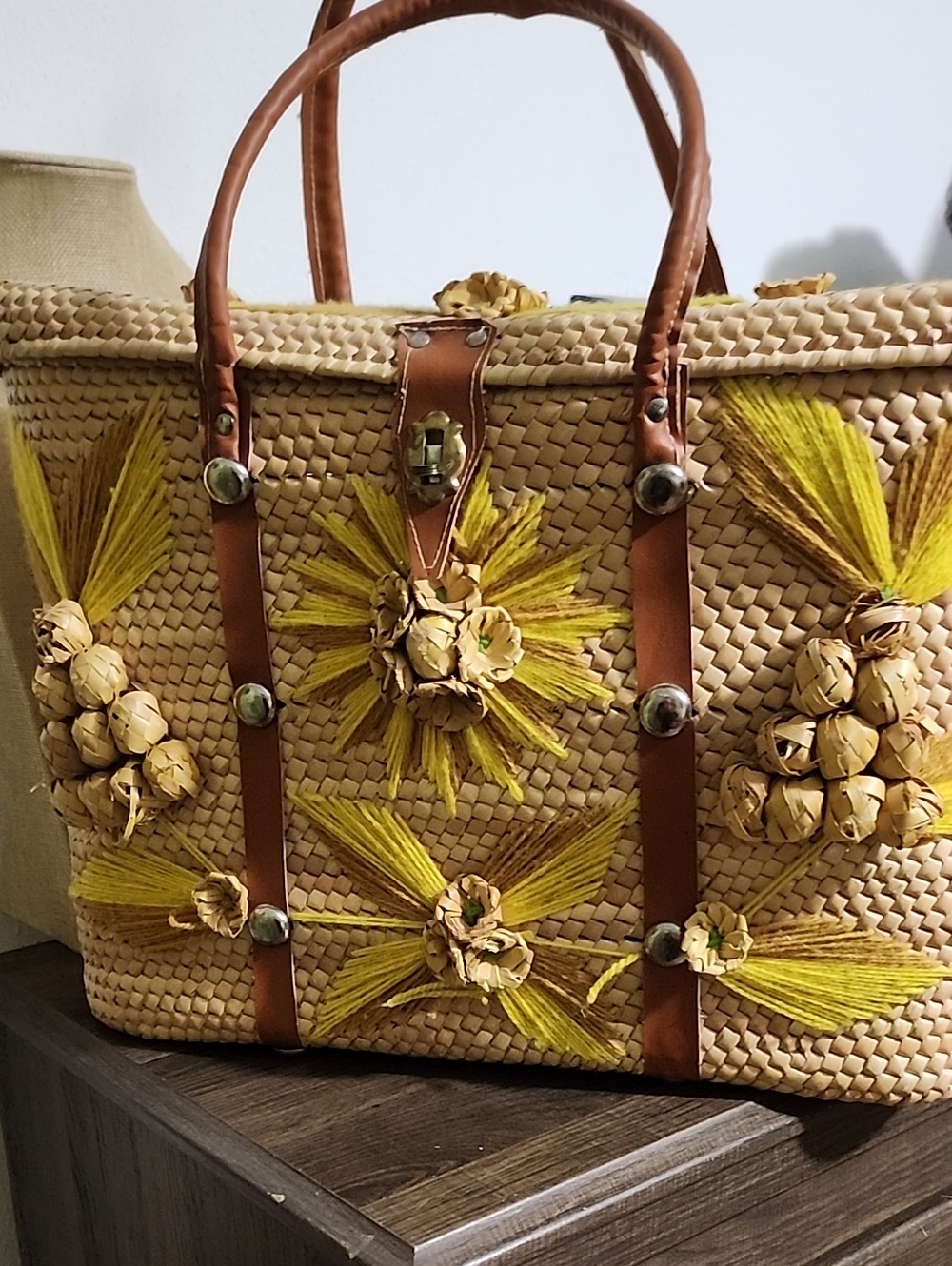 Woven Straw Tote Bag  Thays Vintage From The Late 70-80's with Yellow Floral